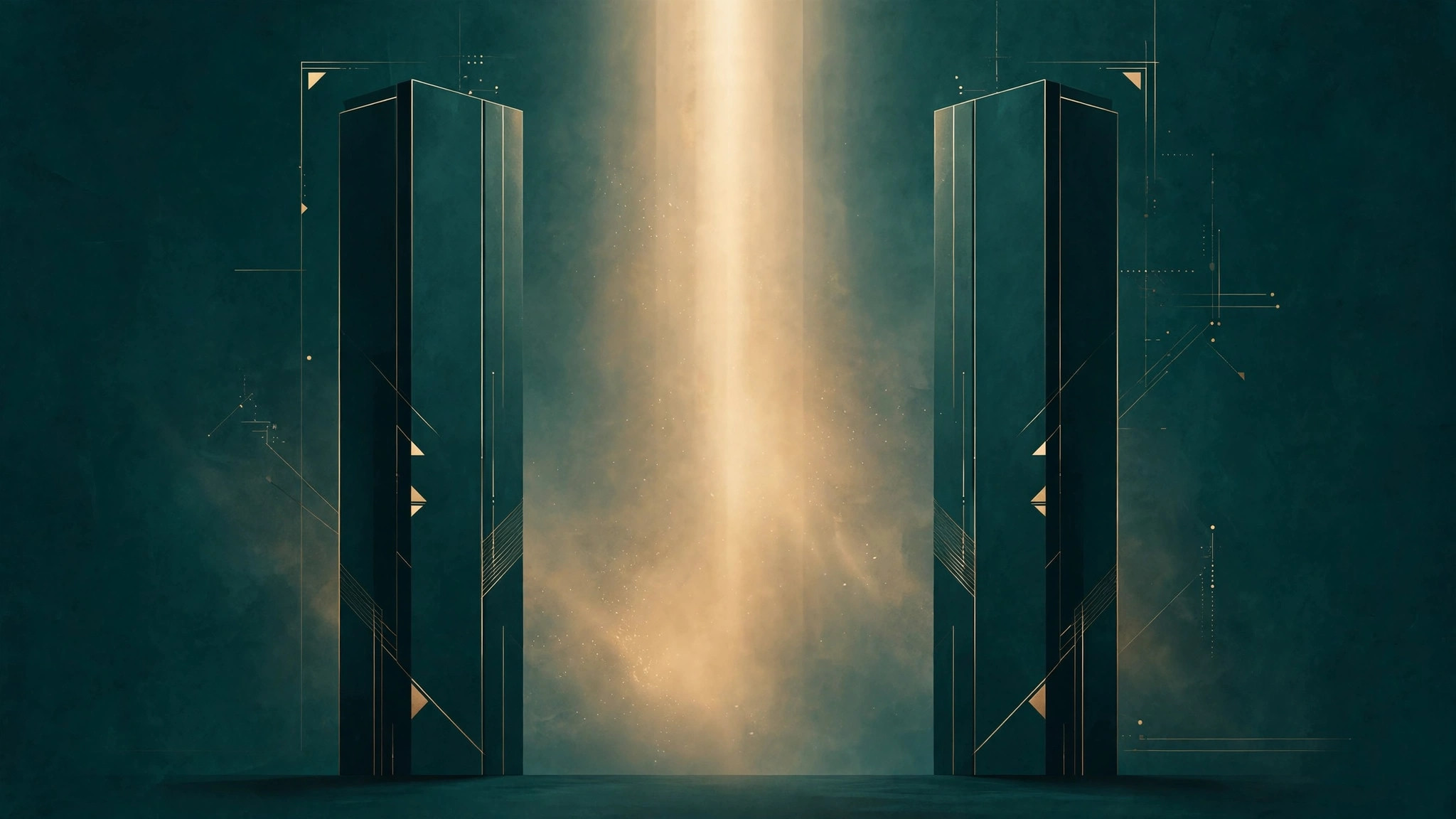 Abstract illustration of two balanced dark pillars with a beam of golden light between them against deep teal