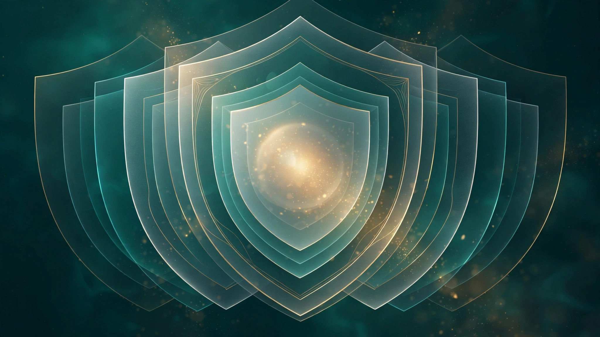 Abstract illustration of layered translucent shields around a glowing core against deep teal